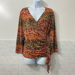 Vintage Womens Brown Orange Sequin V-Neck Snake Y2K Long Sleeve Faux Wrap Top XL